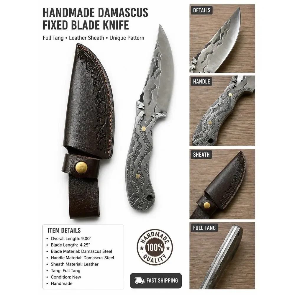 Damascus Steel Fixed Blade Hunting Knife Full Tang w/ Leather Sheath Handmade